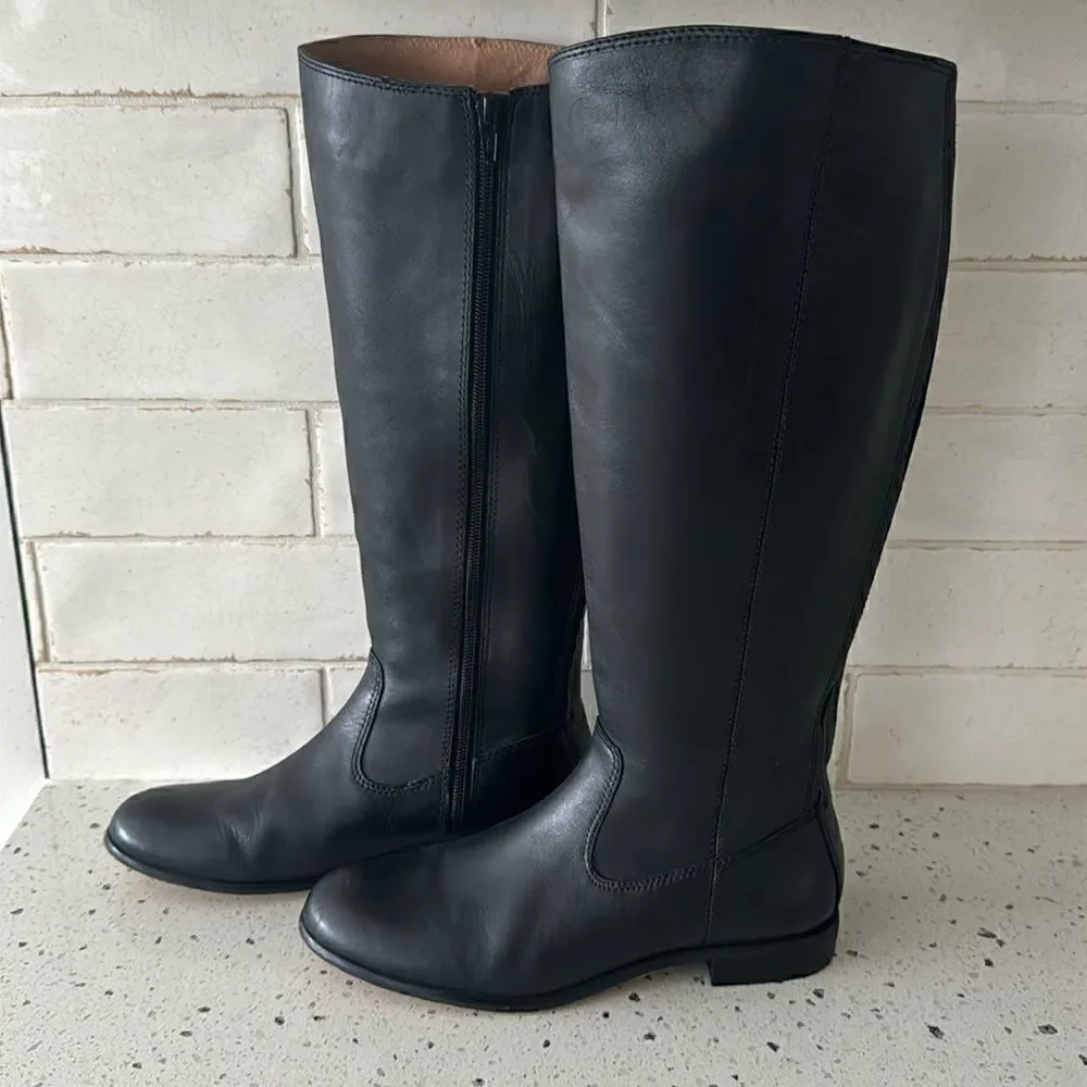 Kenneth Cole NY Mea Women’s Black Leather Knee-High Riding Boots Full Zip Sz 6.5